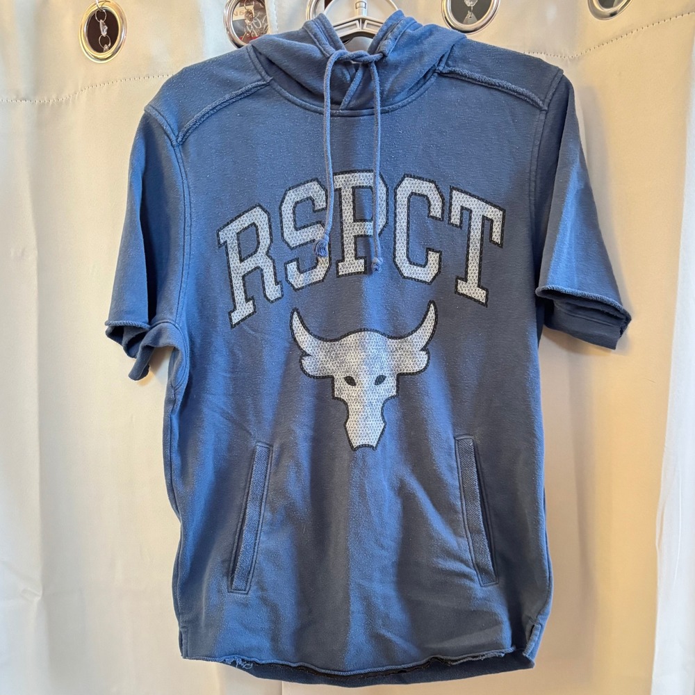 Under Armour Project Rock RSPCT Short Sleeve Hoodie Mens SM Blue Loose Fit 19483